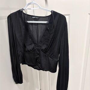 Stradivarius Black Buttoned V-Neck Blouse